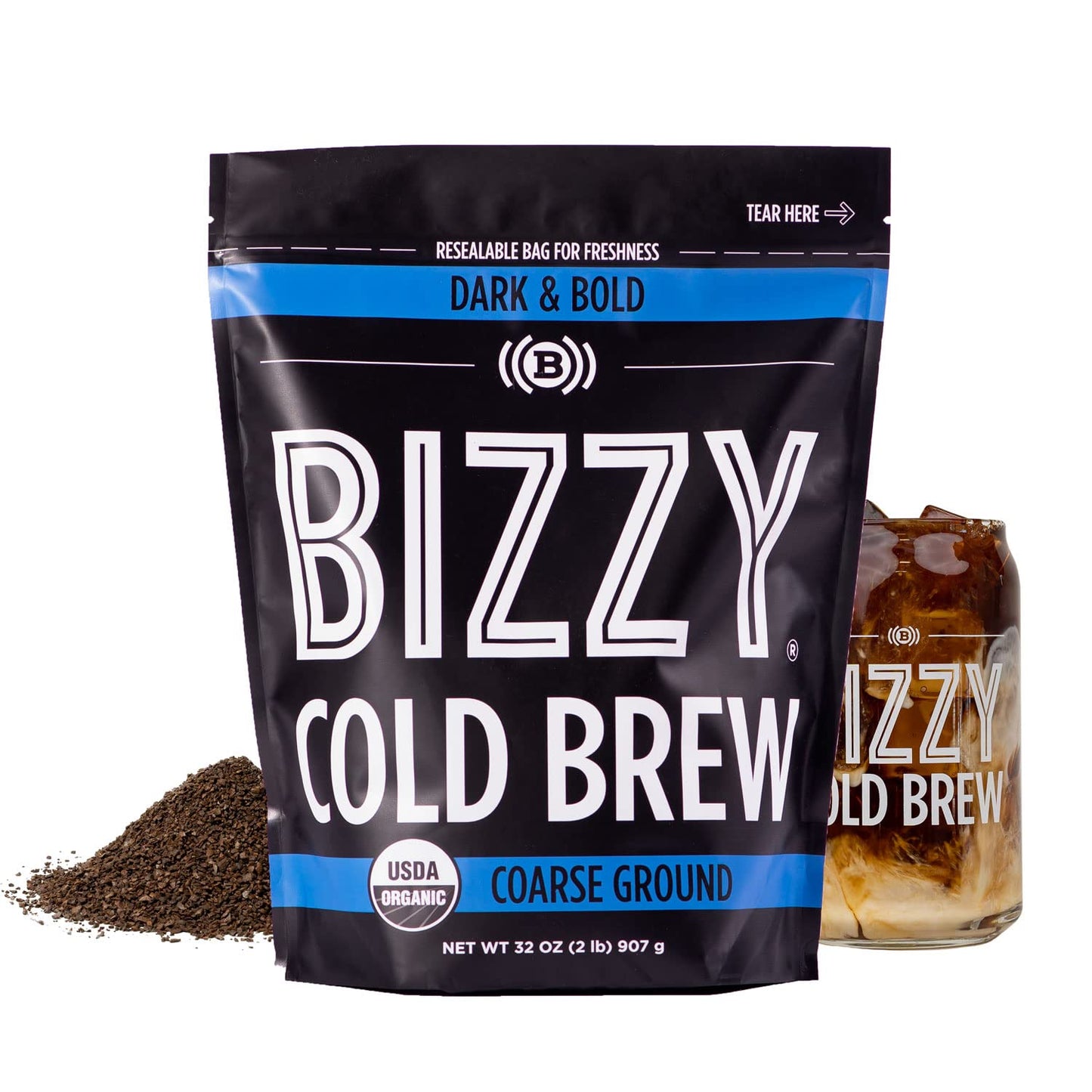 Bizzy Organic Cold Brew Coffee | Dark & Bold Blend | Coarse Ground Coffee | Dark Roast | Micro Sifted | Specialty Grade | 100% Arabica | 2 Lb