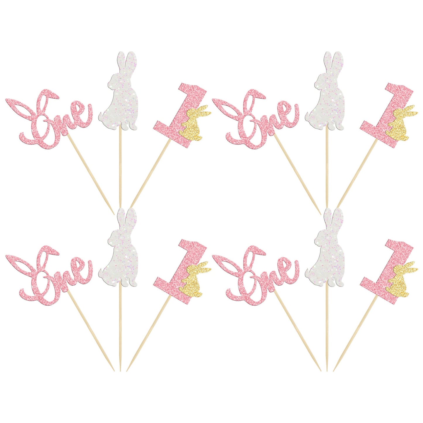 24Pcs Easter Bunny One Cupcake Toppers Some Bunny Is One Birthday Decorations Pink Glitter Easter Cake Decorations Bunny Easter