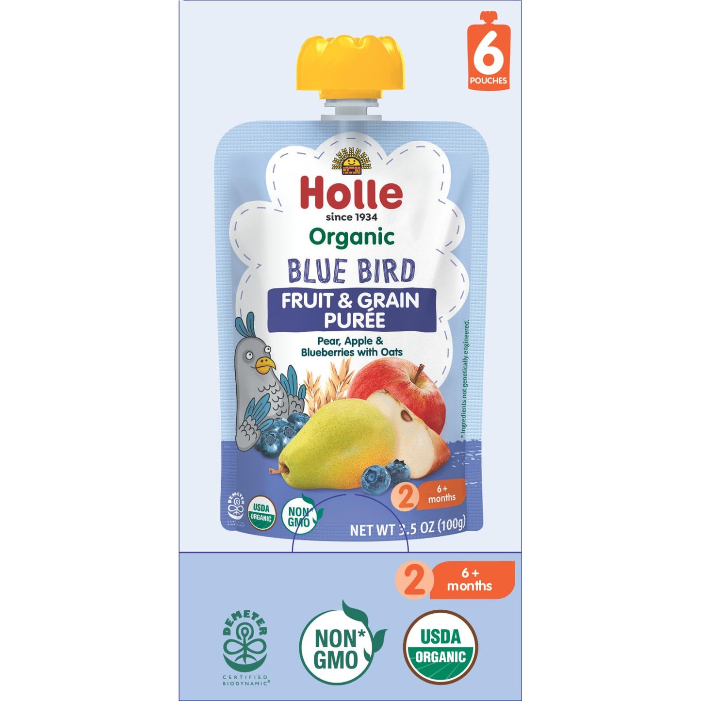 Holle Organic Baby Food Pouches - Blue Bird Baby Puree With Pear, Apple, Blueberry & Oat - (6 Pack) Organic Baby Snacks + Fruit And Veggie Pouches For Weaning Babies 6 Months And Older