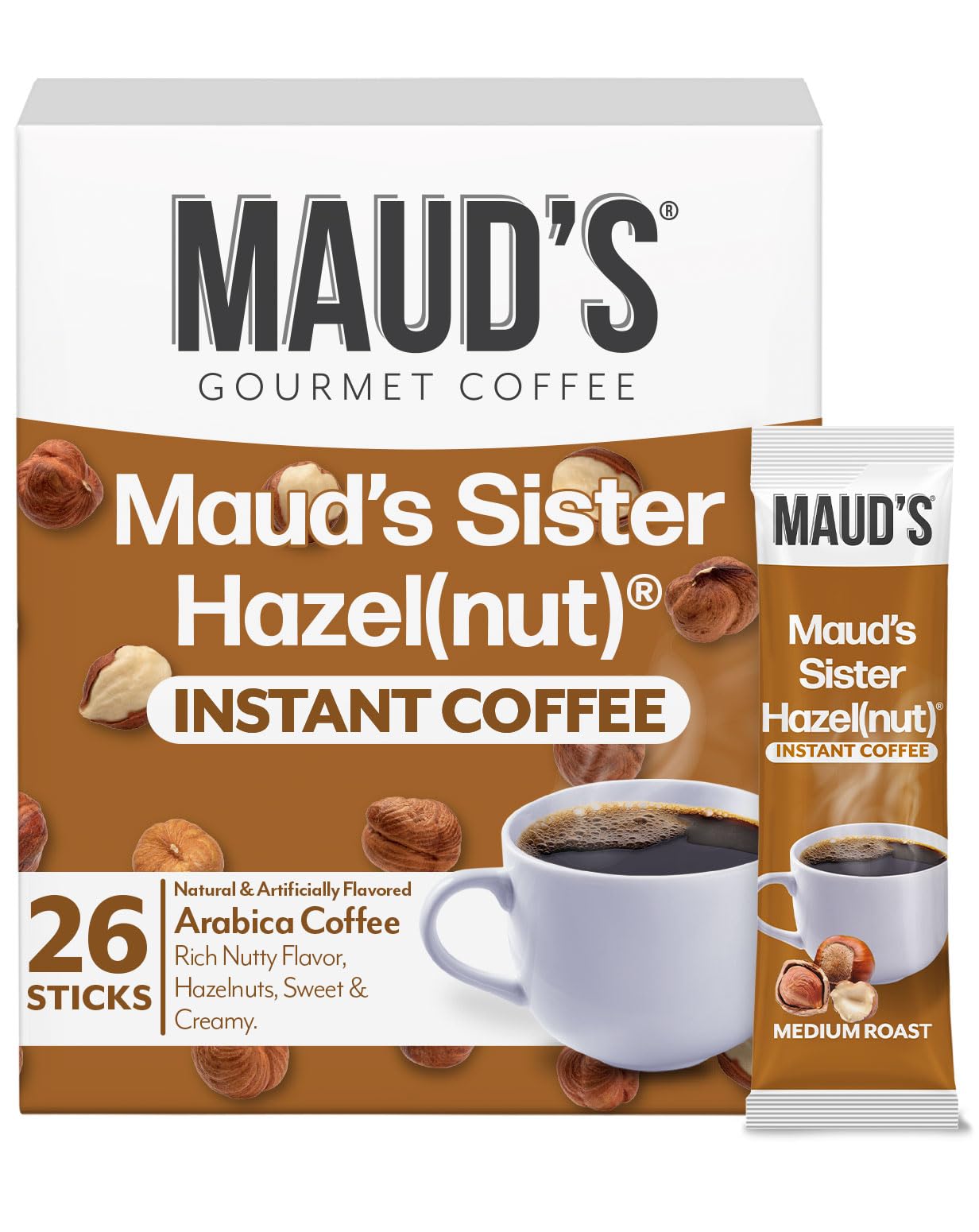 MAUDS Sweet Hazelnut Instant Coffee Packets, 26 Count, 100% Arabica Coffee, Hot or Iced