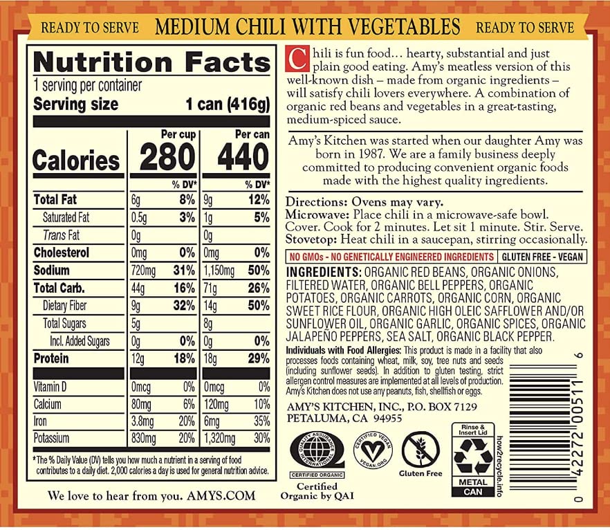 Amy'S, Chili, Gluten Free, Vegetarian, Vegetable, Organic, Medium Spice, Jalapeño Pepper, 14.7 Oz, Pack Of 6