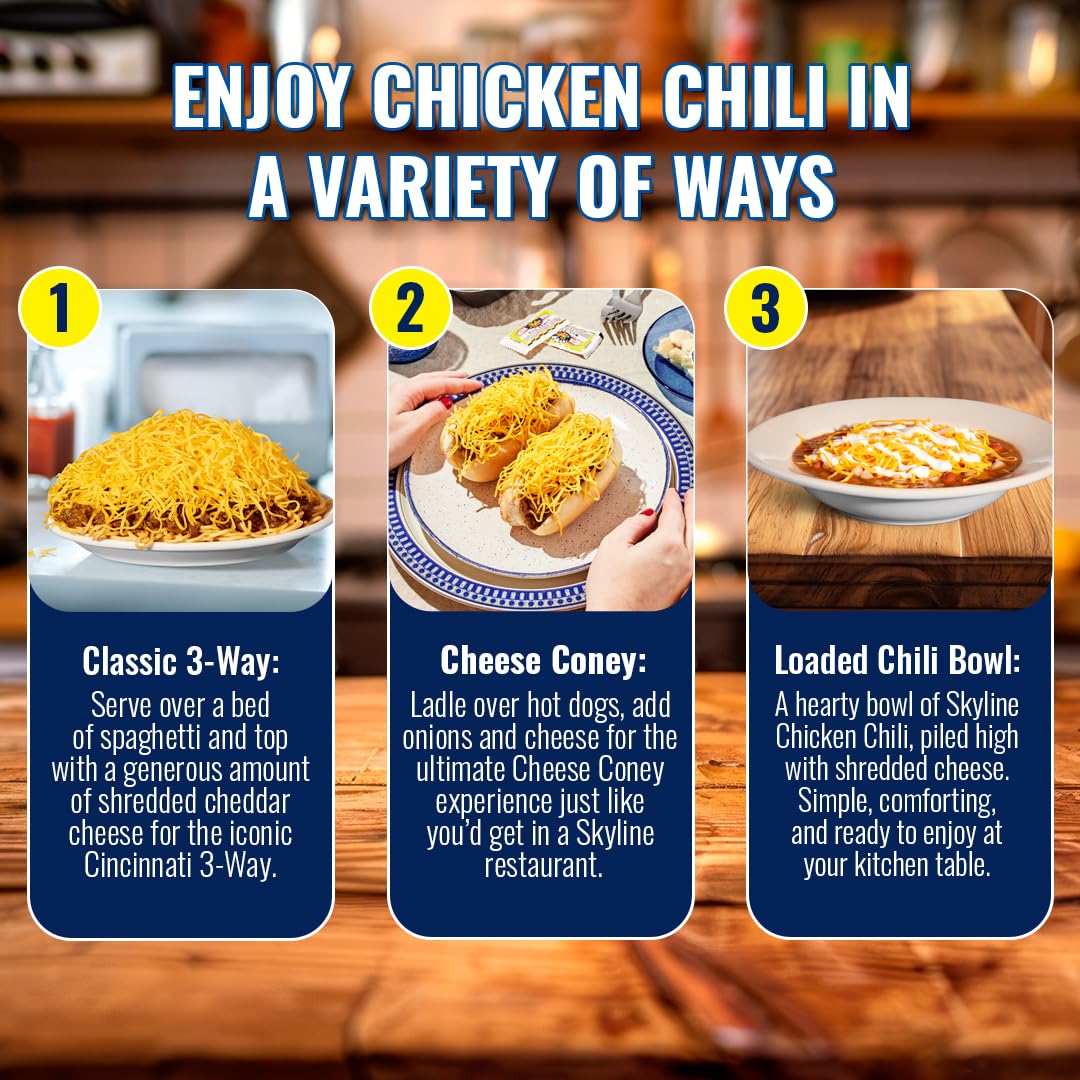 Skyline Chicken Chili Bundle - 4-Pack 15 oz Cans with 8 Packets of Skyline Chili Hot Sauce  Authentic Cincinnati Chili & Spicy Sauce Combo for Coneys  Spaghetti  Nachos & Low Carb Meals