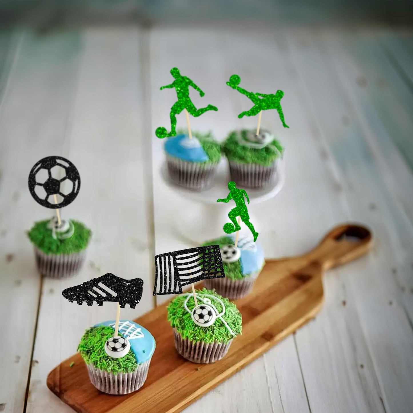 Gyufise 24Pcs Soccer Cupcake Toppers - Glitter Football Decorations For Sports Theme Parties & Cake Designs