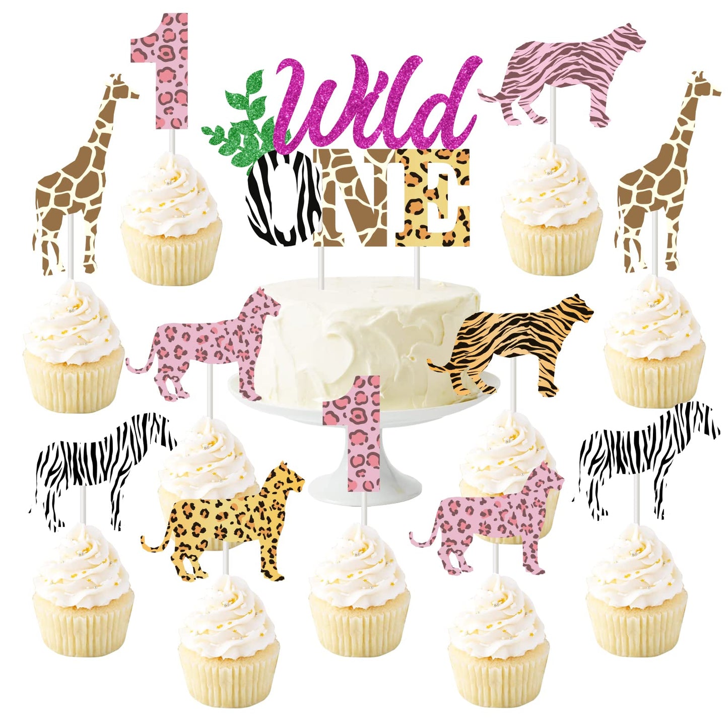 Wild One Birthday Cake Topper Girl - Wild One 1St Birthday Decorations Pink, Animal Print Cupcake Toppers, 31 Pcs Jungle Safari
