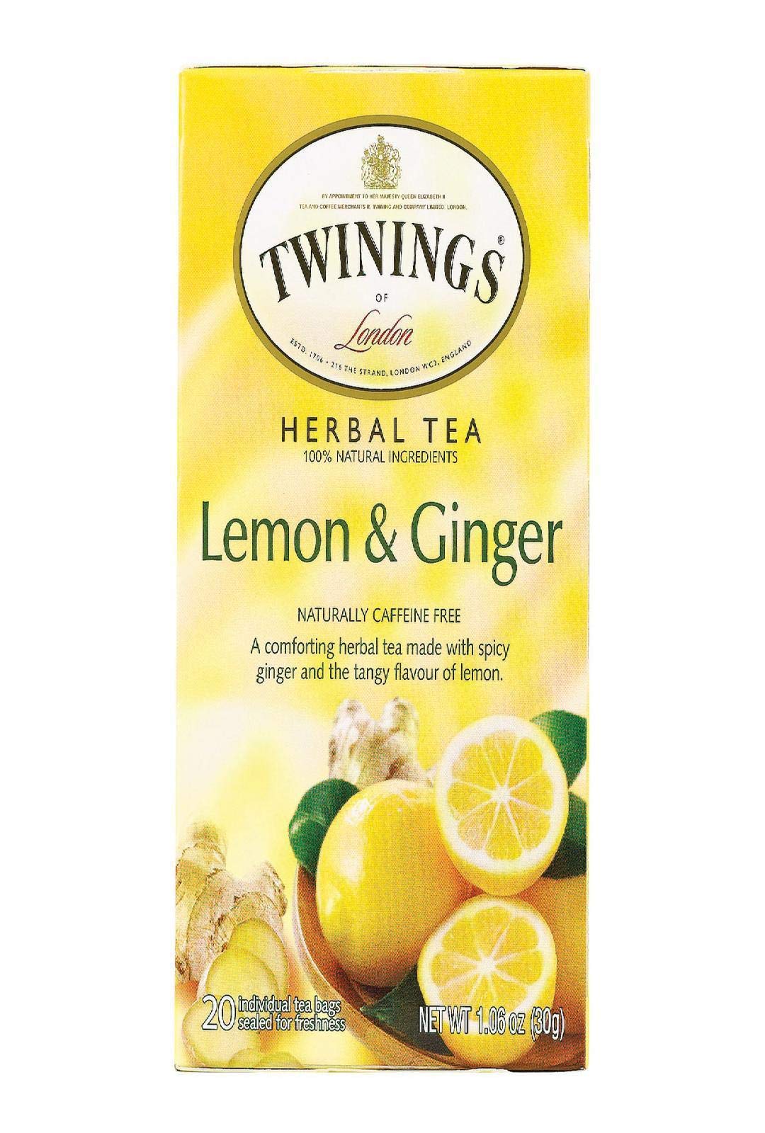 Twinings Lemon & Ginger Herbal Tea, 20 Count, Caffeine-Free, Ideal for Relaxation