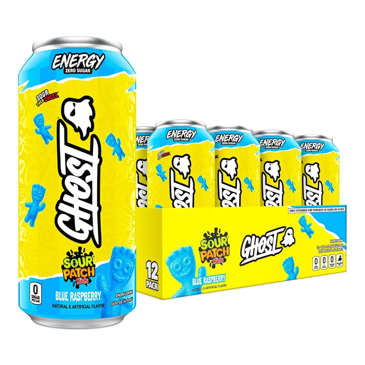 GHOST Energy Drink - Sour Patch Kids Blue Raspberry - 12-Pack, 16oz - Gluten-Free, Vegan, 200mg Natural Caffeine