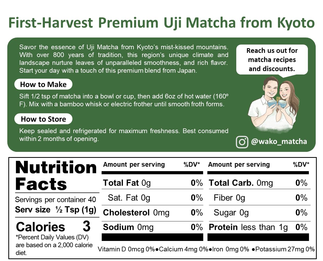 Wako Matcha  First Harvest enhanced Uji Ceremonial Grade Matcha Powder  For Cafe-Quality Hot/Iced Matcha and Latte  Pure Matcha Green Tea for your Daily Morning Boost  Authentic Japanese  Unsweetened  Gluten-Free  1.4 oz (40g)