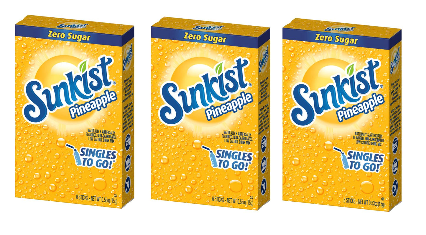 SINGLES TO GO! Sunkist Drink Mix Pineapple - 18 Servings, 3 Boxes, 6 Packets Each, 0.18 Ounce (Pack of 3)