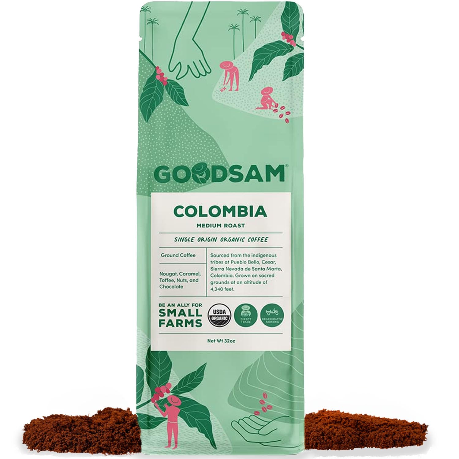 Goodsam Organic Ground Coffee, Medium Roast 2Lb, Colombian Single Origin, Non Gmo Arabica Beans, Vegan, Keto, Regenerative Farming, Direct Trade