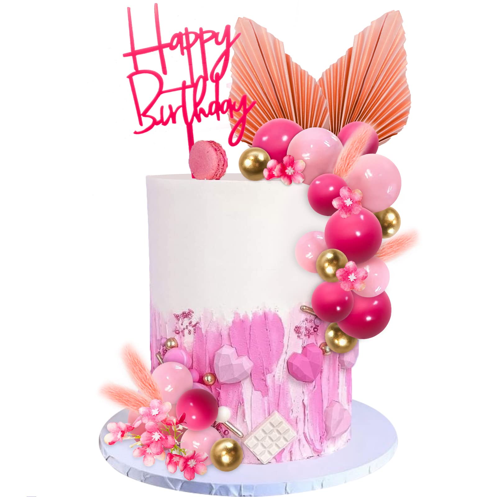 Memovan 29Pcs Flower Boho Cake Topper Ball Cake Decorations Hot Pink Gold Balls Palm Leaves Artificial Plants Cake Decor For Gir