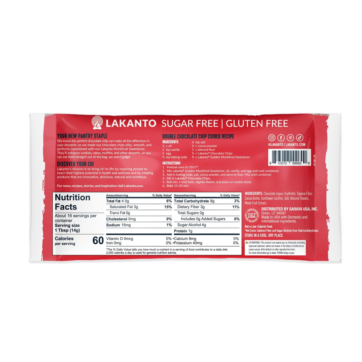 Lakanto Sugar Free Chocolate Chips - Monk Fruit Sweetener and Erythritol, Perfect for Baking, Pancakes, Muffins, Protein Bites,