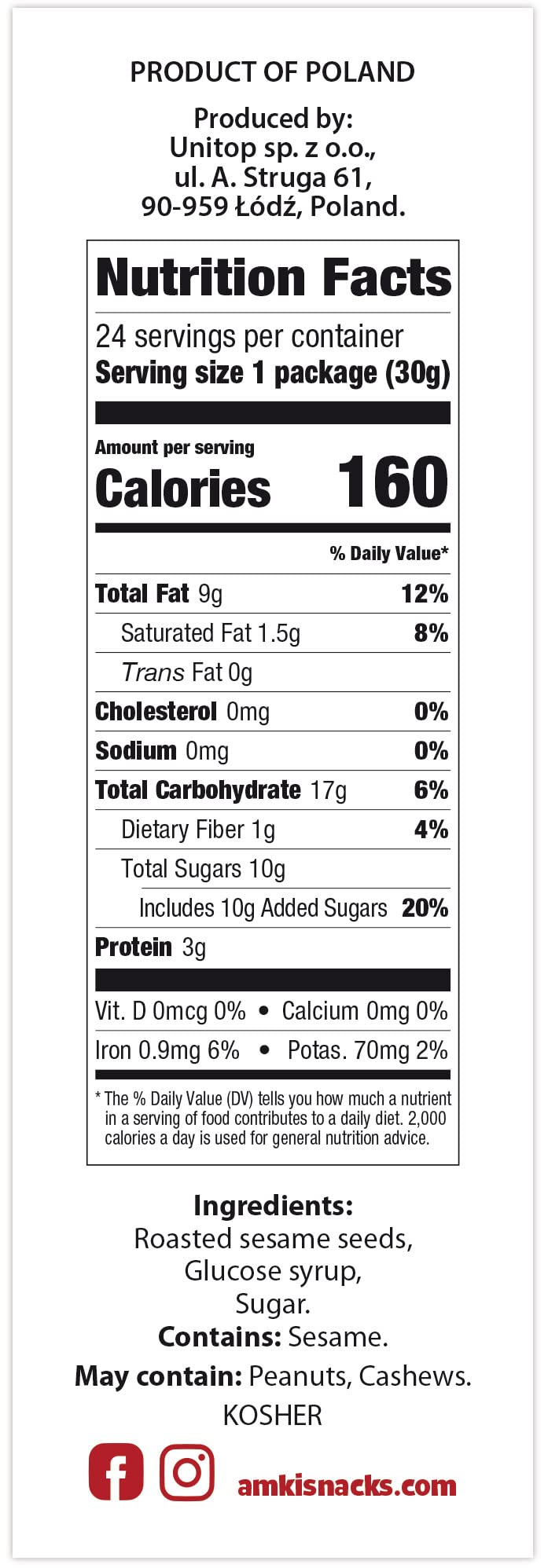 Amki Sesame Thins Classic (Sesame Snaps), Gluten Free, Vegan, Delicious, Crunchy, Sensibly Sweet Snacks. 24 Pack, 720g