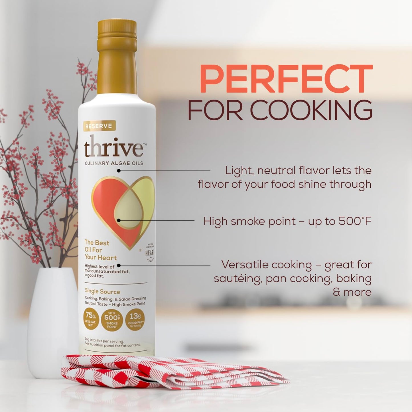 Thrive Cooking Oil - Reserve Pure Algae Oil, Heart And Health-Conscious Oil, Rich In Omega-9 Monounsaturated Fat (90%), Very Low