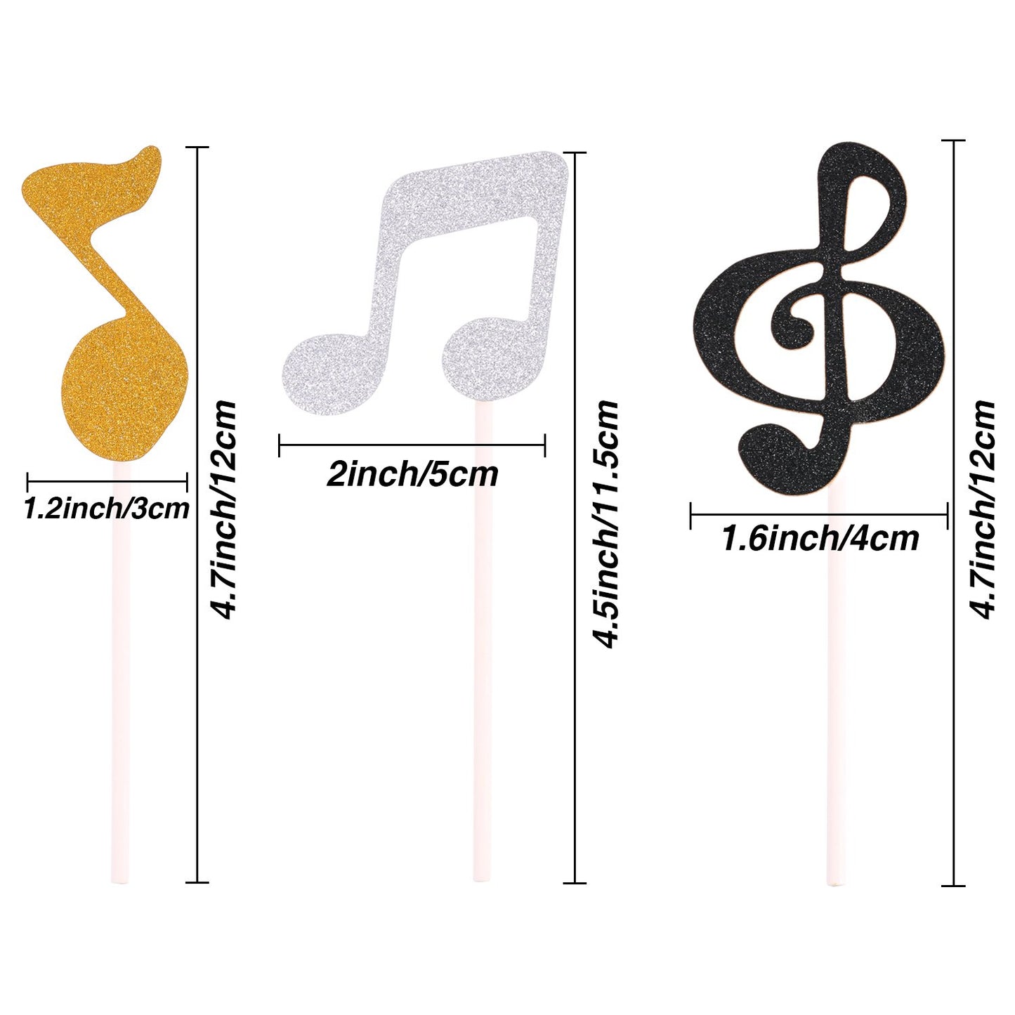 72 Pieces Glitter Music Notes Cupcake Toppers Cake Toppers Picks for Food Fruit and Birthday Party Decoration (Gold, Black, Silv
