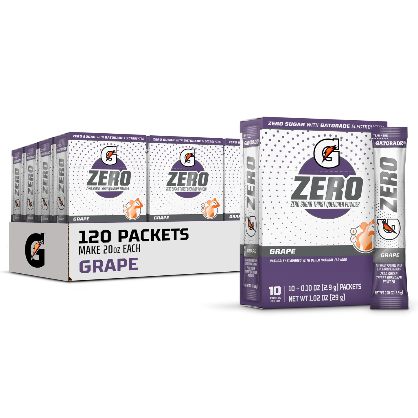 Gatorade G Zero Sports Drink Mix Powder Packets, Grape, Electrolyte Powder Drink Mix for Hydration, Zero Sugar, Total 120 Packet