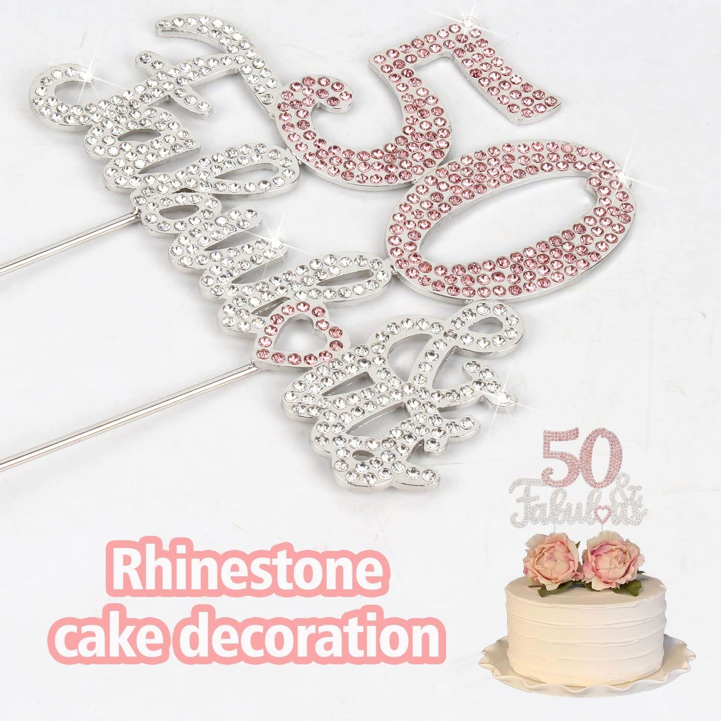 Laskyer 50 & Fabulous Silver Pink Rhinestone Cake Topper - Happy 50Th Birthday Cheers To Fifty Years Old Bday Party Metal Sparkl