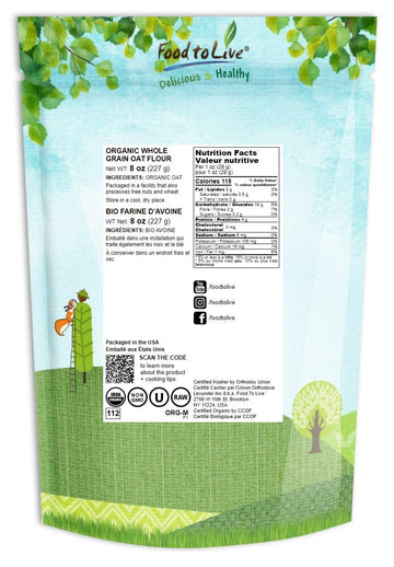Food to Live Organic Oat Flour, 8 Ounces - Non-GMO, Fine, Stone Ground from Whole Grain Oat Berries, Kosher, Vegan, Bulk, Great