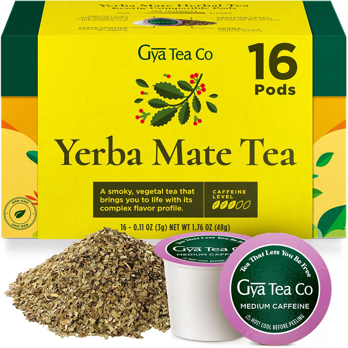 Gya Tea Co Yerba Mate Herbal Tea Pods - Medium Caffeinated, 16 Count, 0 Calorie
