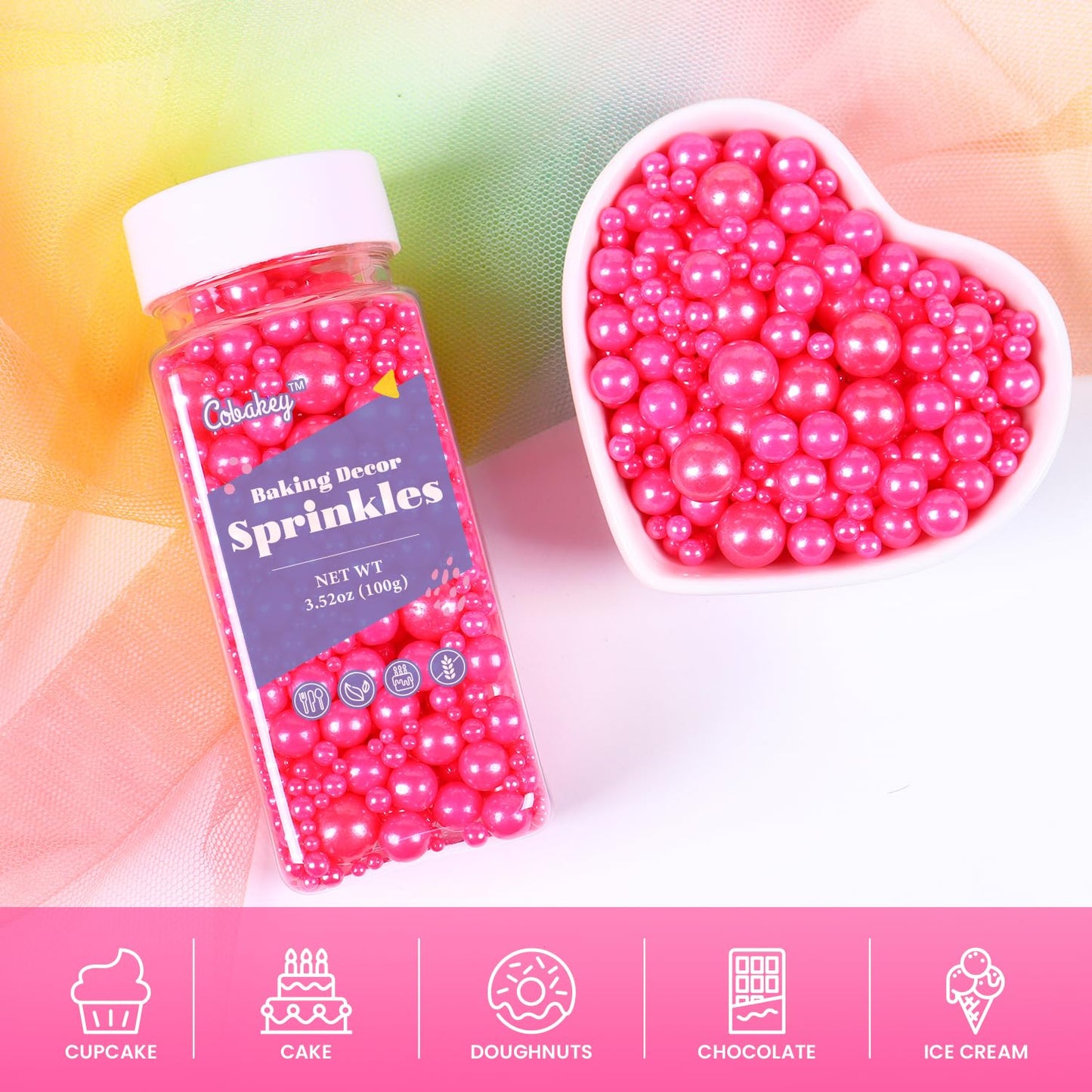 Cobakey Pink Sprinkles For Cake Decorations 3.52 Ounce Edible Pearl Sugar Sprinkles For Cupcake Toppers Wedding Party Valentines