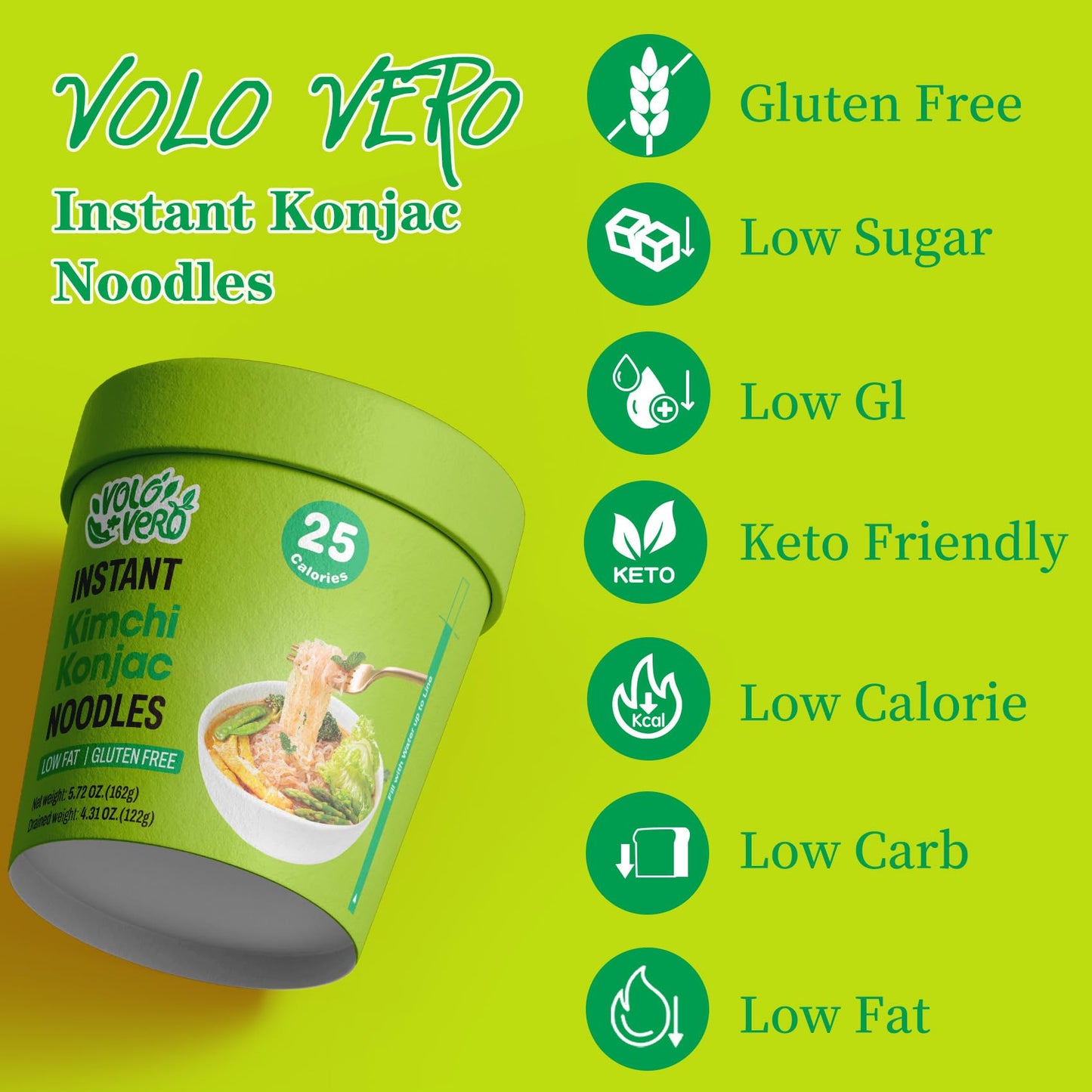Volo Vero Konjac Noodle Soup Cup Kimchi Flavor, 6 Packs Low Carb Instant Shirataki Noodles Angel Hair Pasta, Gluten Free, Keto F