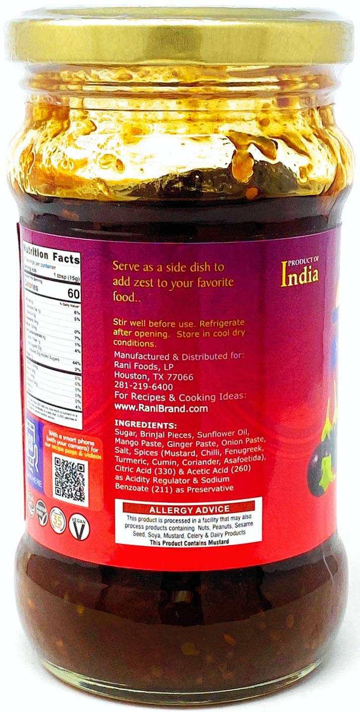 Rani Brinjal (Eggplant) Pickle Mild (Achar, Spicy Indian Relish) 10.5Oz (300G) Glass Jar ~ Vegan | Gluten Free | Non-Gmo | No Co
