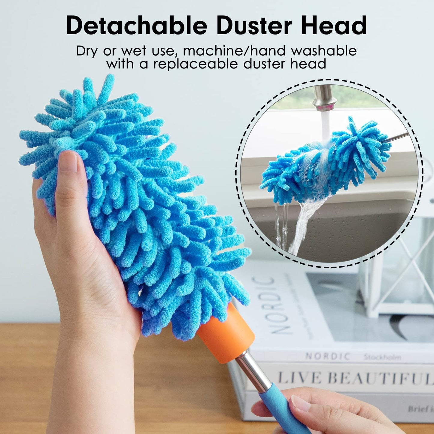 Microfiber Duster For Cleaning, Tukuos Hand Washable Dusters With 2Pcs Replaceable Microfiber Head, Extendable Pole, Detachable