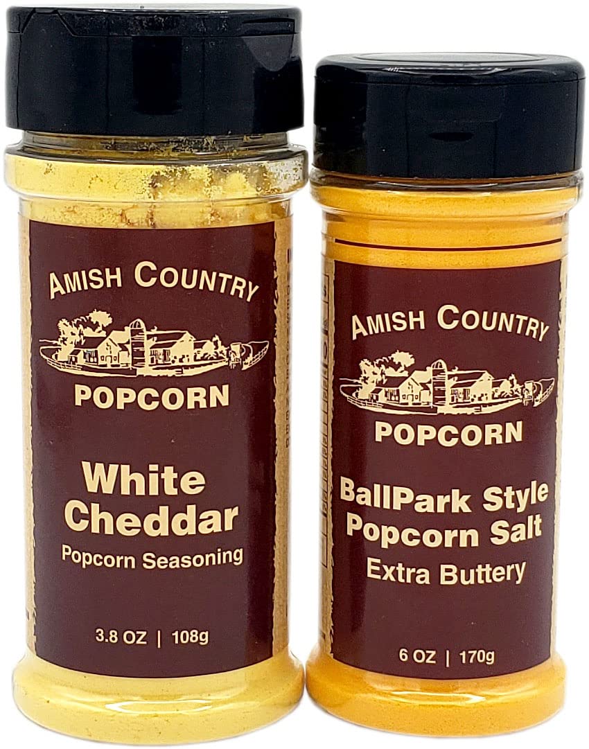 Amish Country Popcorn | Seasoning Variety Pack | BallPark Style Buttersalt - 6 oz and White Cheddar Cheese - 3.8 oz | 2 Pack Pop
