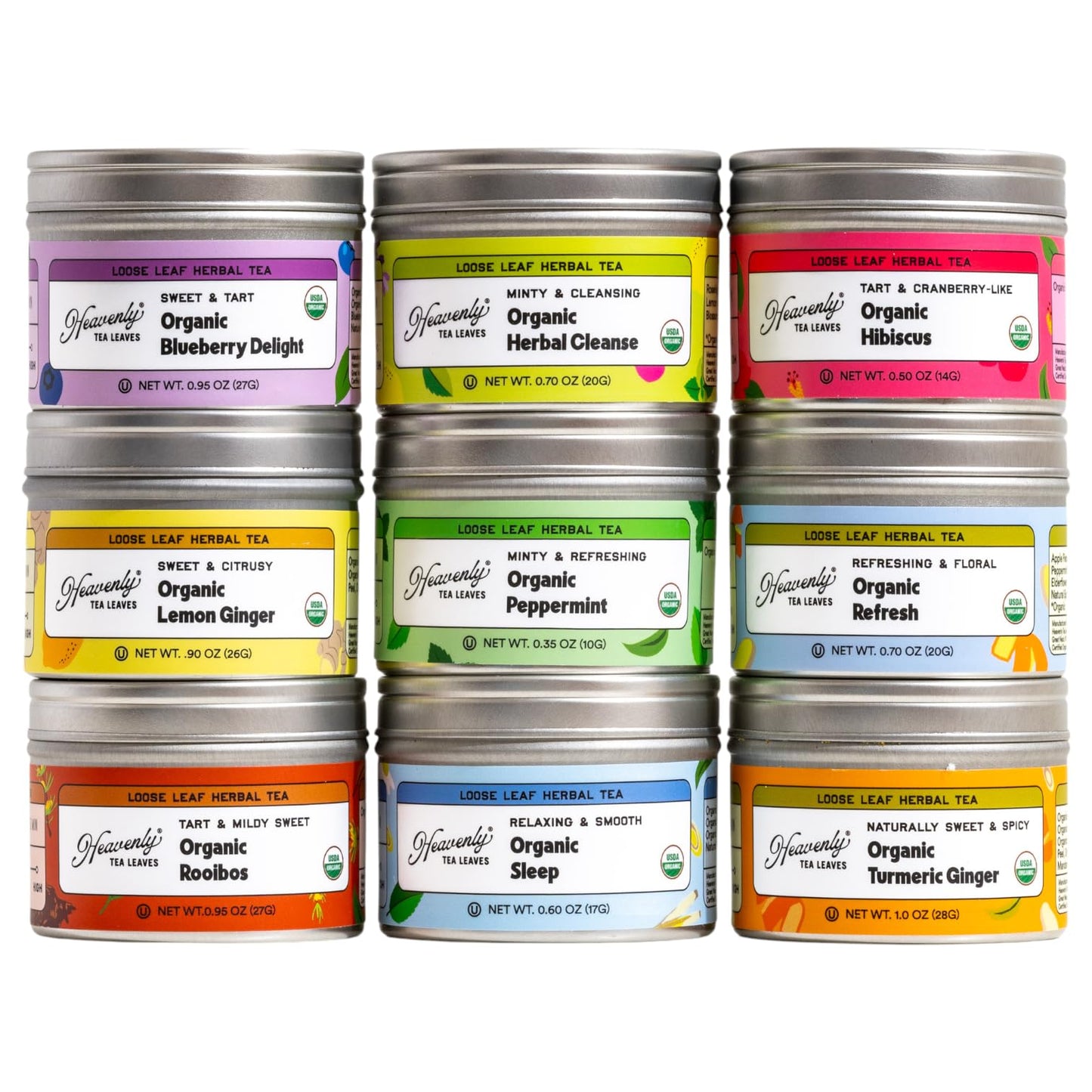 Heavenly Tea Leaves Organic Herbal Tea Sampler Set, 9 Assorted Caffeine-Free Tisanes, USDA Organic, 90 Cups