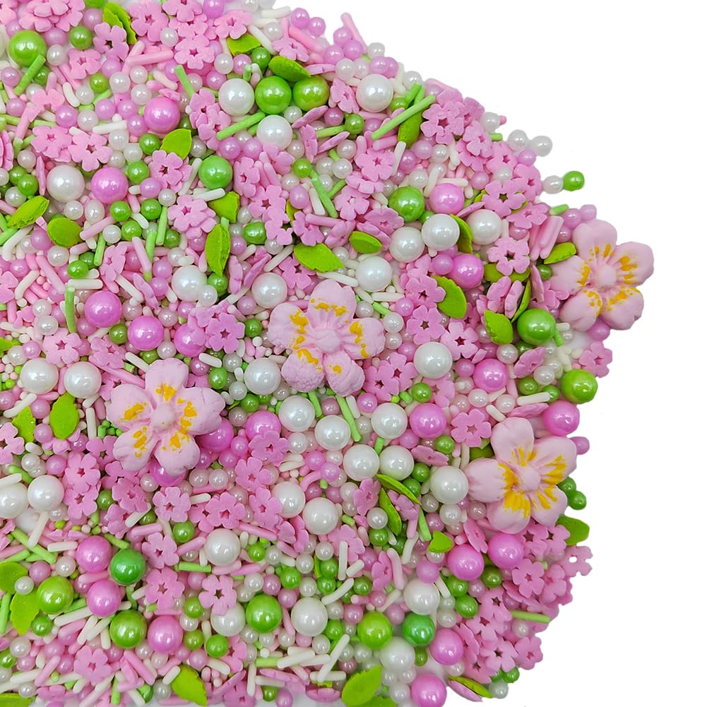 Eastron Pink Flowers Sprinkles Edible Flowers for Cake Decorating White Pink Sugar Pearls Spring Confetti Sprinkles for Cupcakes