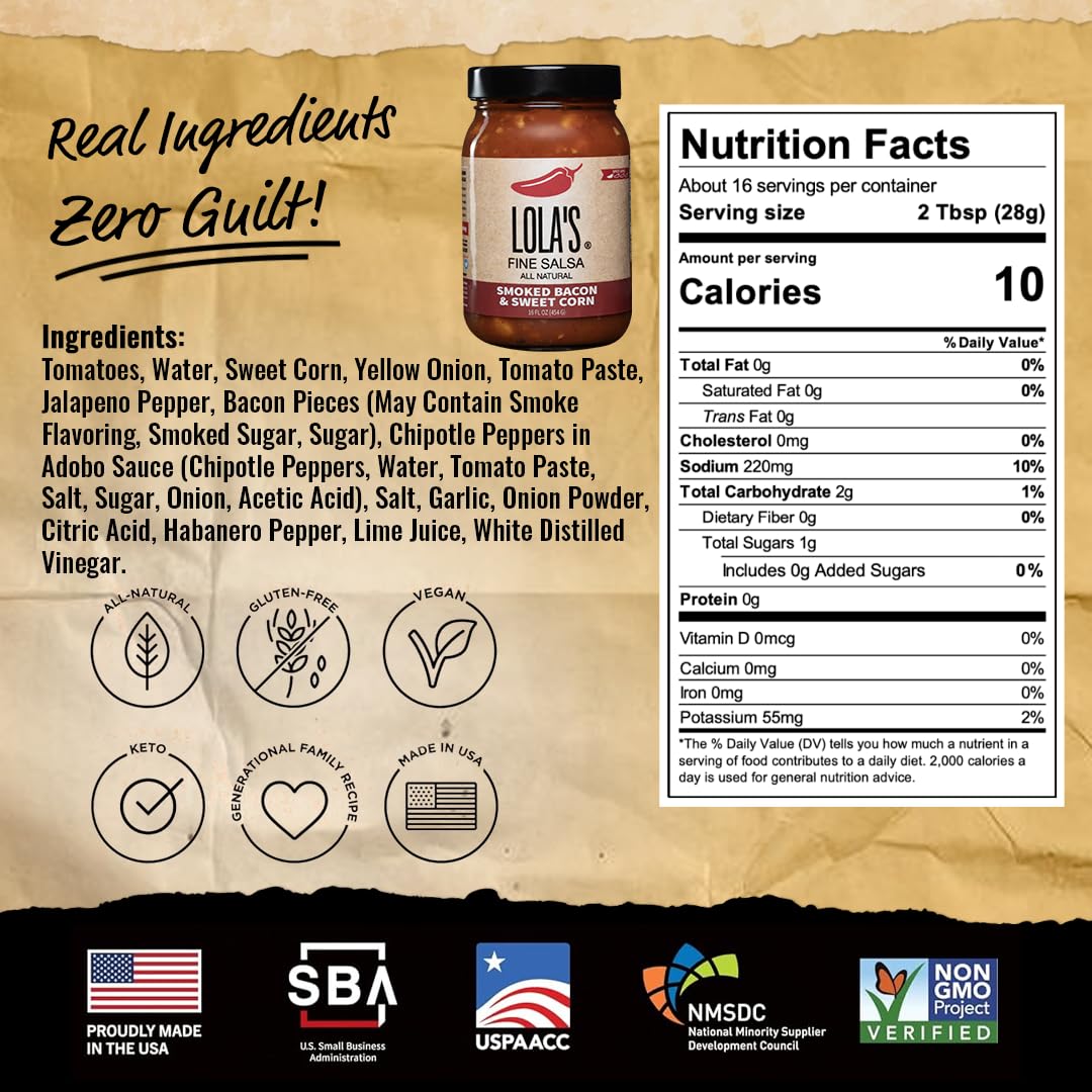 Lola’S Smoked Bacon & Sweet Corn Salsa - Savory, Smoky & Slightlysweet | Made With Iowa Bacon, Sweet Corn & Chipotle Peppers, 16Oz Jar