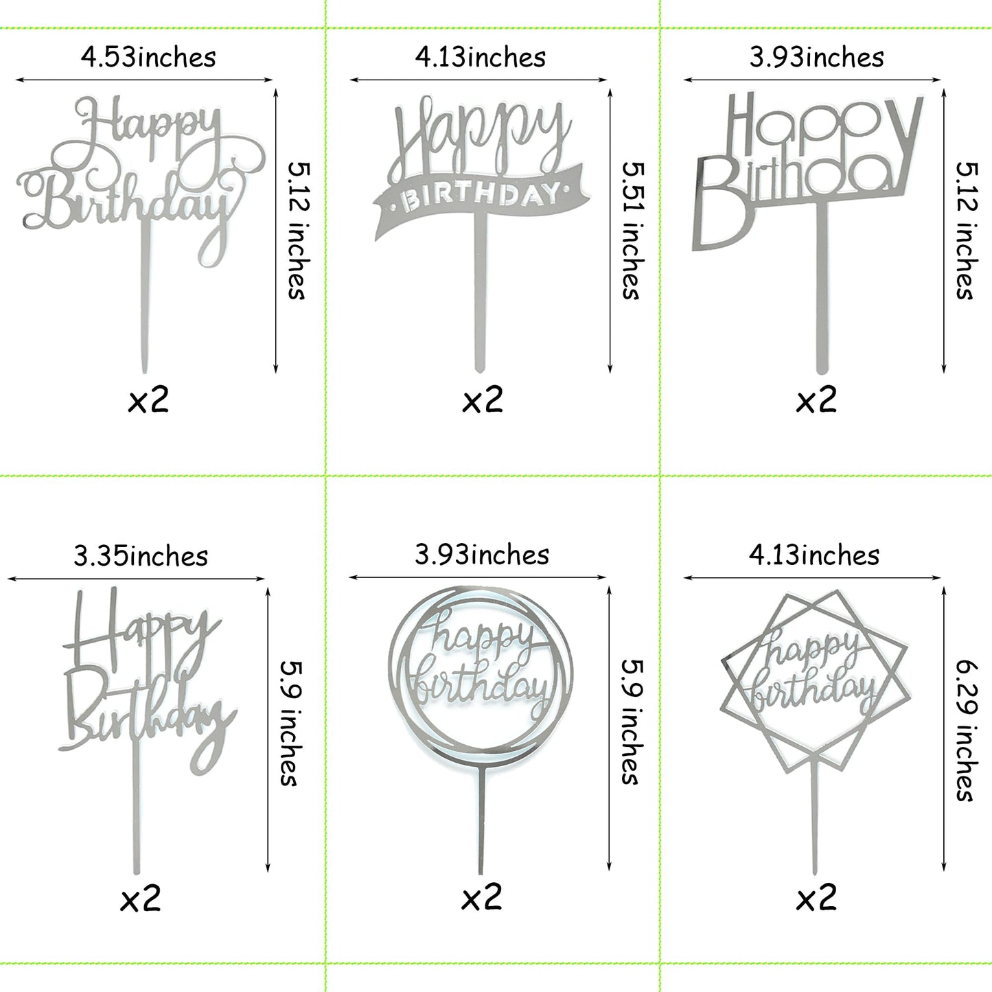 Chewarelly Birthday Cake Topper Set, 12 Pack Acrylic Silver Picks, Model HBCTAC05