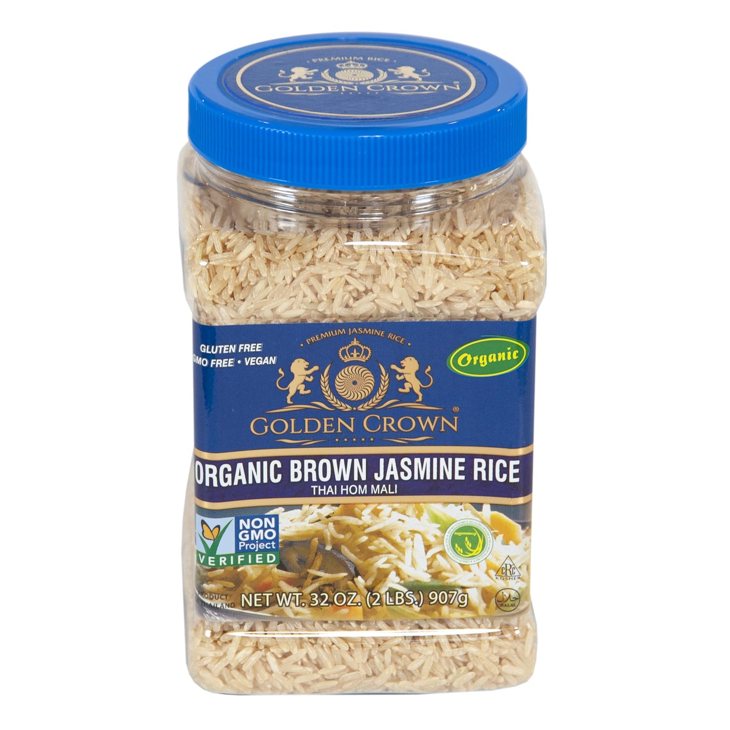 Golden Crown Organic Brown Jasmine Rice - 32 oz (2LB), Naturally Aged Halal + Kosher, Extra Long Aromatic Tasty and Delicious Fl