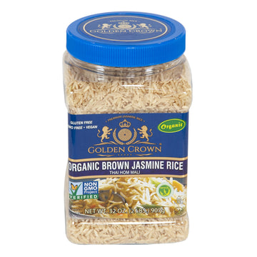 Golden Crown Organic Brown Jasmine Rice - 32 oz (2LB), Naturally Aged Halal + Kosher, Extra Long Aromatic Tasty and Delicious Fl