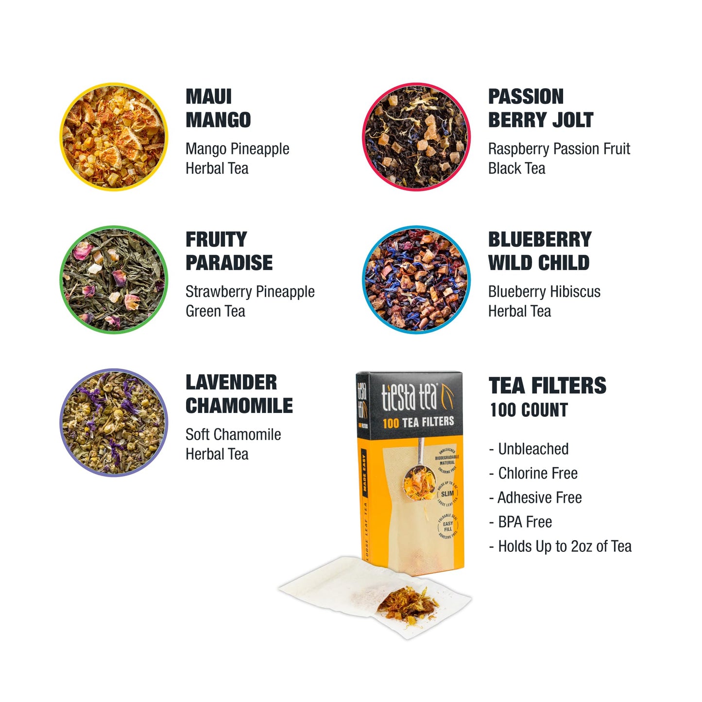 Tiesta Tea Loose Leaf Starter Kit - 104 Piece Set with Black, Green, Herbal Tea Samples & Eco-Friendly Filters, Model 800023