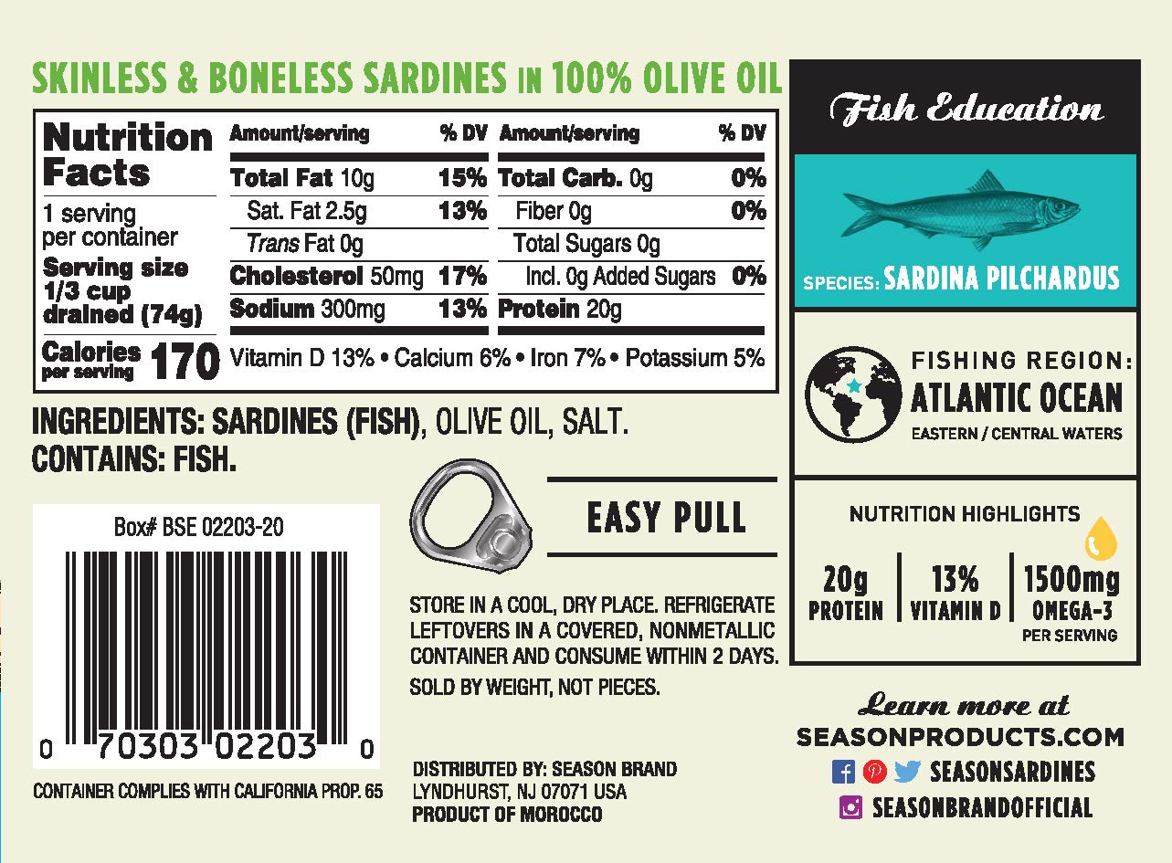 Season Sardines In Olive Oil - Skinless & Boneless, Wild Caught, 20G Of Protein, Keto Snacks, More Omega 3'S Than Tuna, Kosher, High In Calcium, Canned Sardines - 3.75 Oz Tins, 12-Pack
