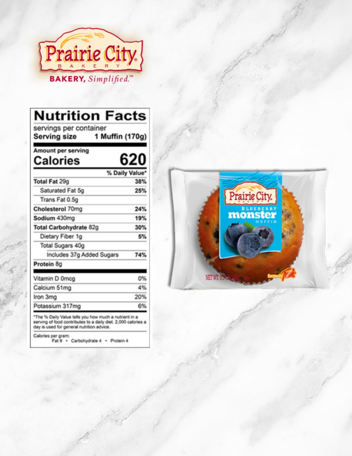 Prairie City Bakery Monster Muffins Variety Pack - Individually Wrapped, 6 Oz Each - Blueberry, Banana Nut & Chocolate Chip (Pac