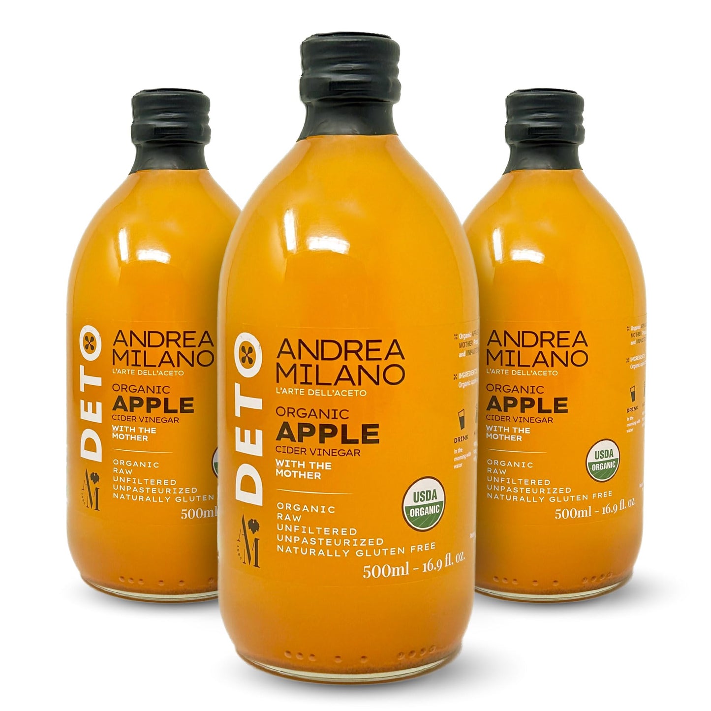 Andrea Milano Organic Apple Cider Vinegar, Raw, Unfiltered, Non-GMO, Vegan, 16.9 Fl Oz (Pack of 3)