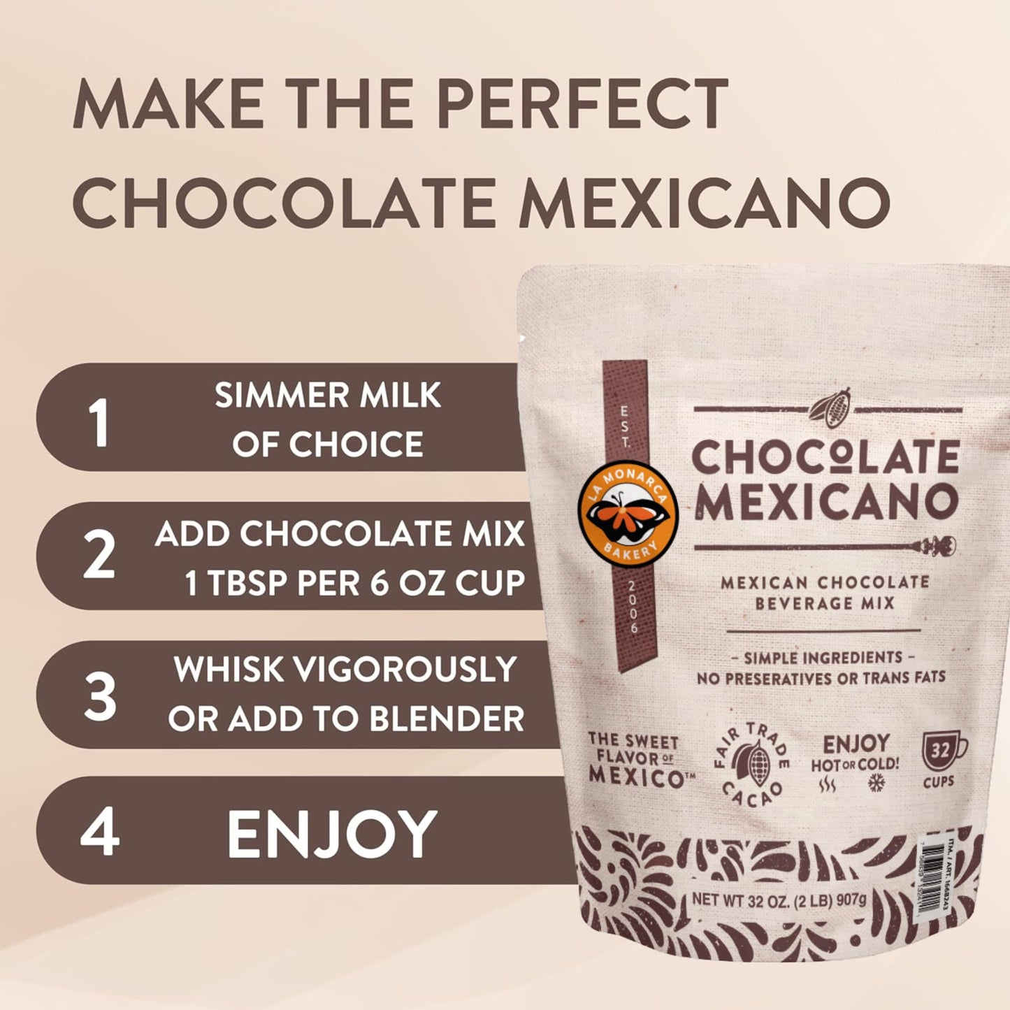 Mexican Hot Chocolate, 32 Ounce (2Lb), Authentic Mexican Style Hot Chocolate Mix With Organic Cacao Beans And Cinnamon By La Mon