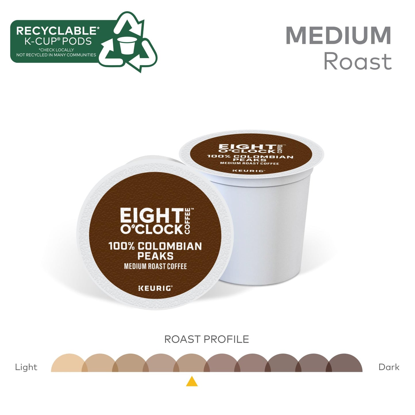Eight O'Clock Coffee Colombian Peaks, Keurig Single Serve K-Cup Pods, Medium Roast, 12 Count, Pack Of 6