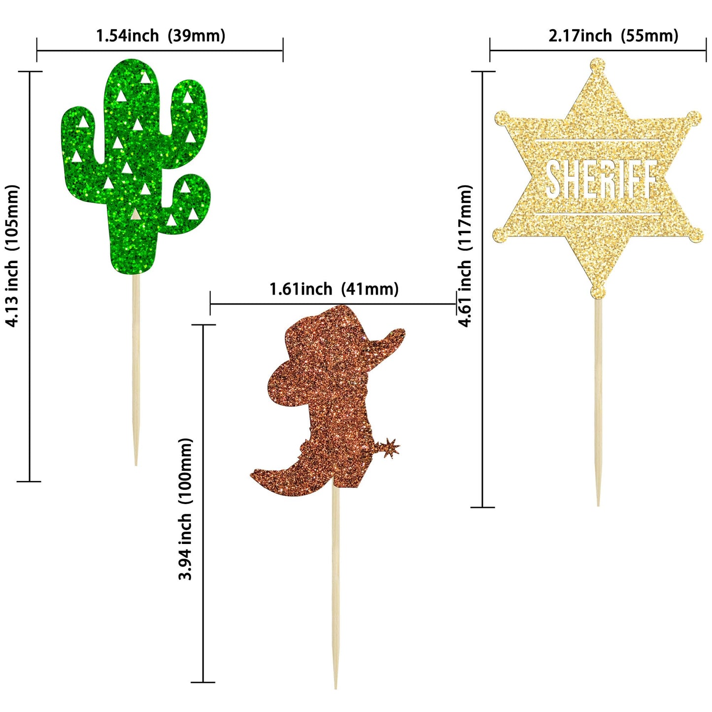 Gyufise Cowboy Cupcake Toppers, 24Pcs Glitter HorseShoe & Hats, Small, Brown, Paper Decorations for Western Theme Parties