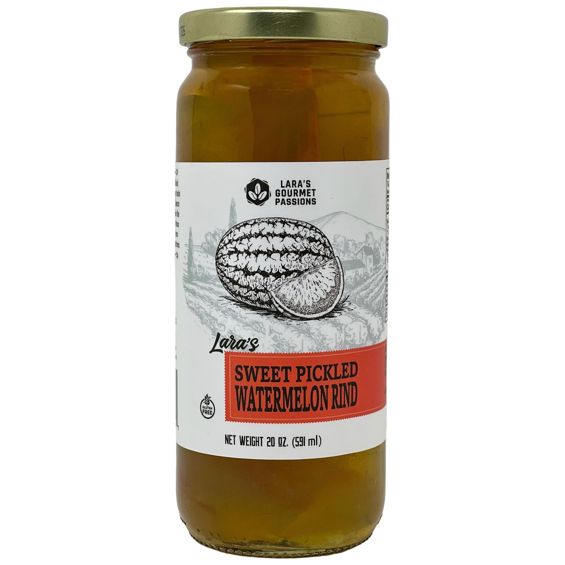 Laras Sweet Pickled Watermelon Rind - Gourmet Pickles in 20oz Glass Jar, 1.25 lb Pack