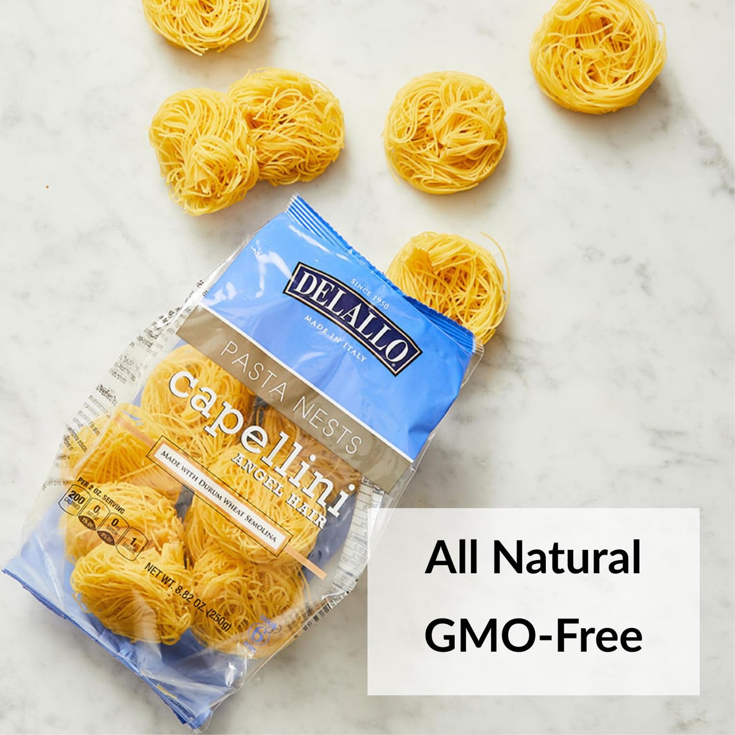 Delallo Capellini Angel Hair Pasta Nests, Made In Italy, Made With Durum Wheat Semolina Flour, All Natural, Kosher, Non-Gmo, 8.8