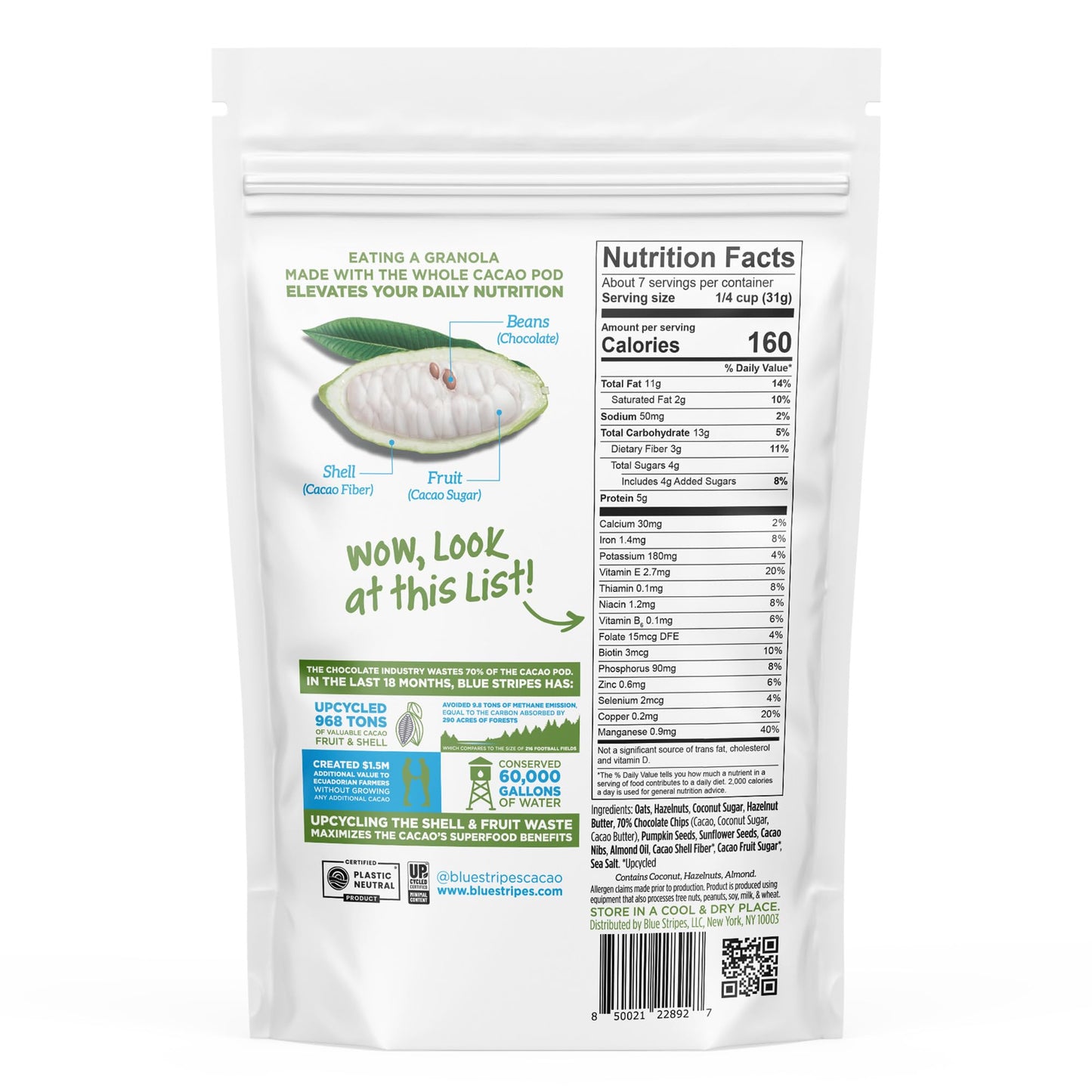 Blue Stripes Whole Cacao Granola - Gluten Free Dark Chocolate Granola for Cereal, Oatmeal, Yogurt, 5g Protein Per Serving, Sourc