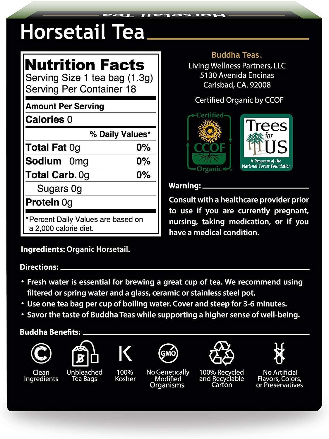 Buddha Teas Organic Herbal Tea - Horsetail - Caffeine Free - 18 Count (Pack of 1) - Non-GMO, Kosher, with B Vitamins & Antioxidants