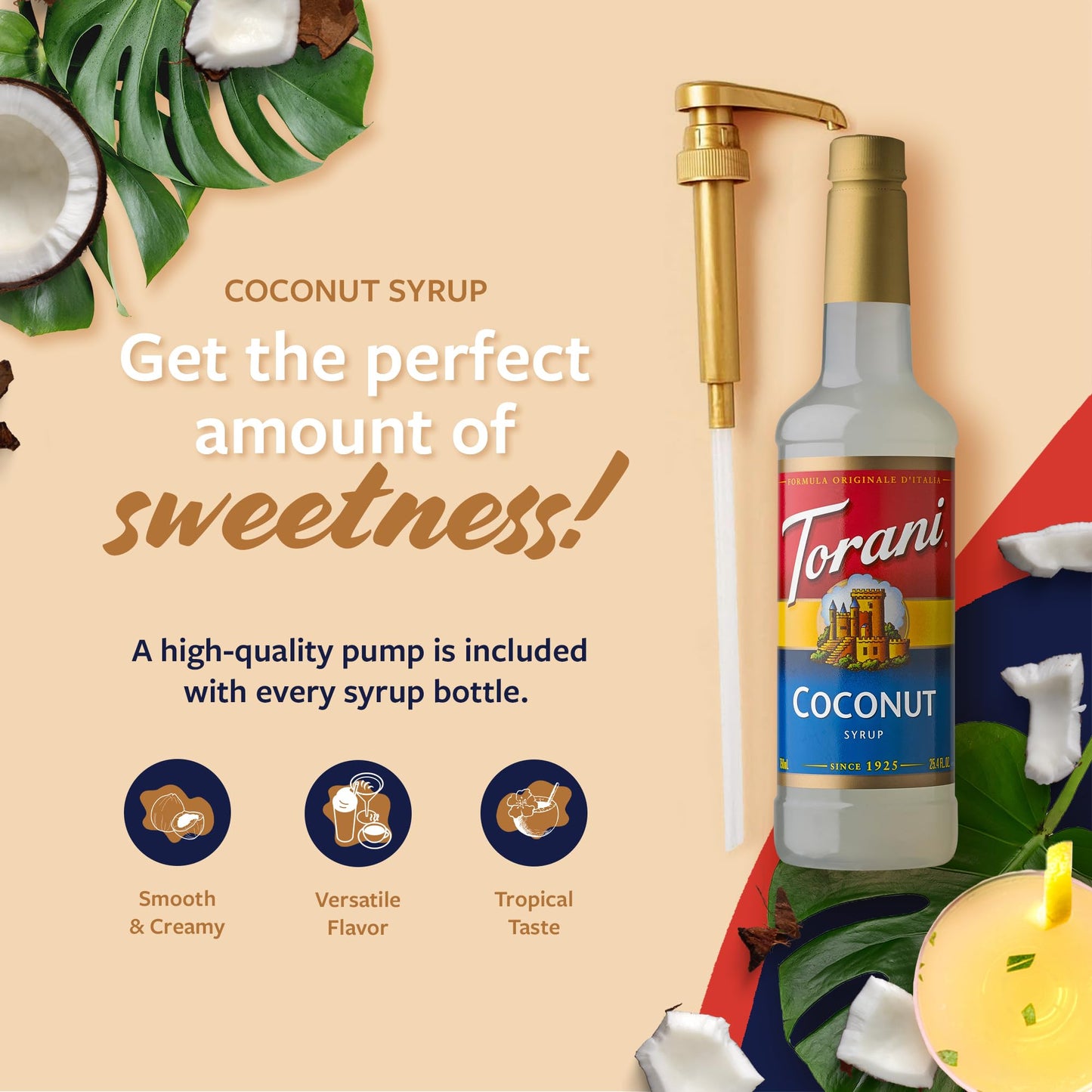Torani Coconut Syrup For Drinks, Flavoring For Coffee And Cocktails, Pump Included, 25.4 Oz