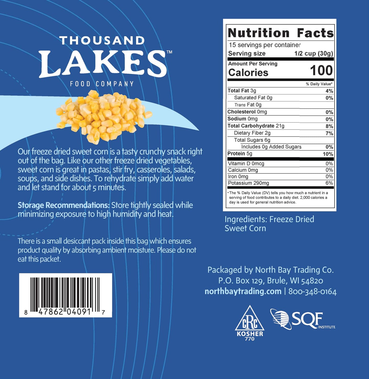 Thousand Lakes Freeze Dried Vegetables - Sweet Corn - Bulk 1 Pound (16 Ounces) | 100% Whole Sweet Corn Kernels | No Added Sugar