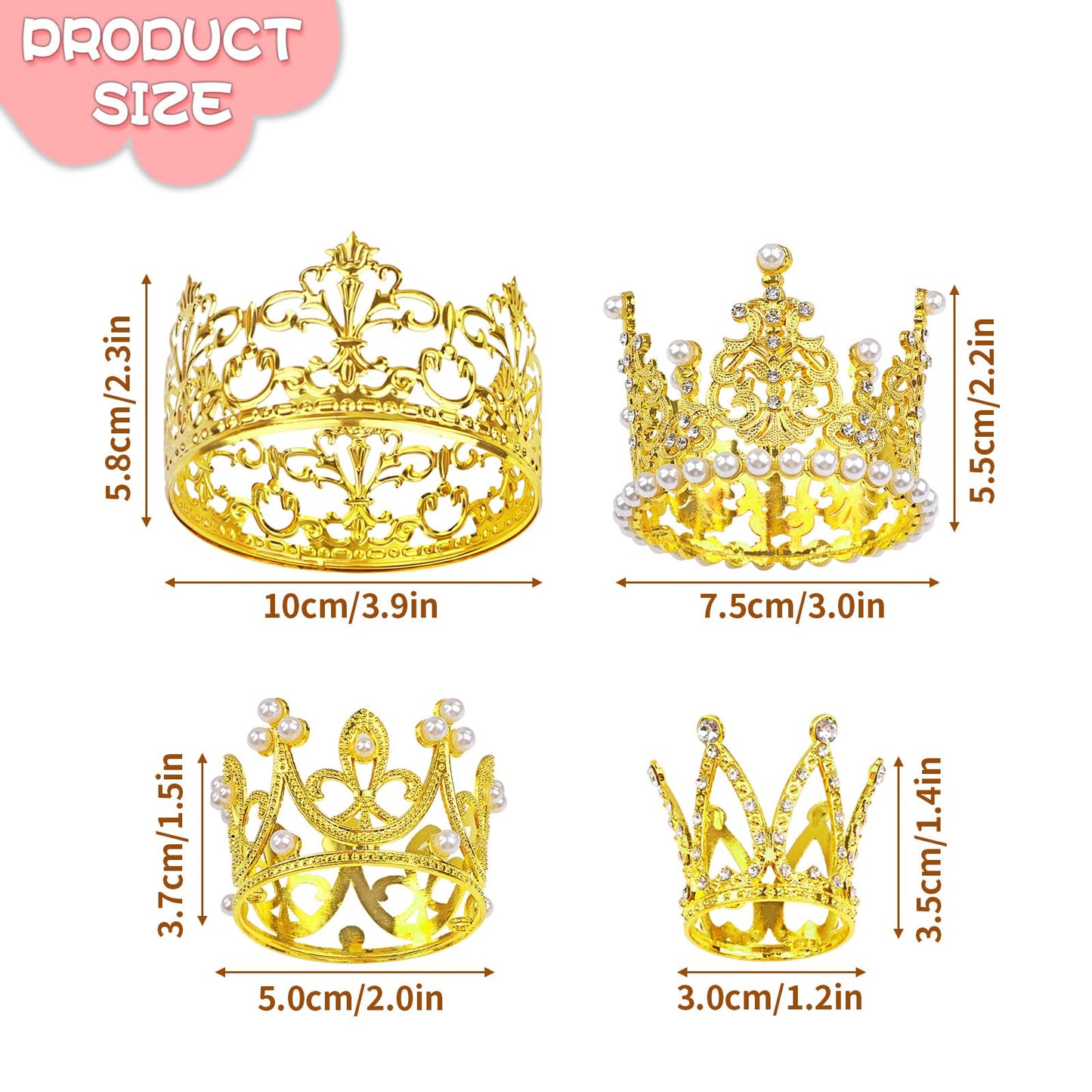 4 Pcs Crown Cake Topper, Gold Mini Crown Flower Arrangements Bouquet, Crystal Pearl Vintage Tiara Small Baby Princess Crown For