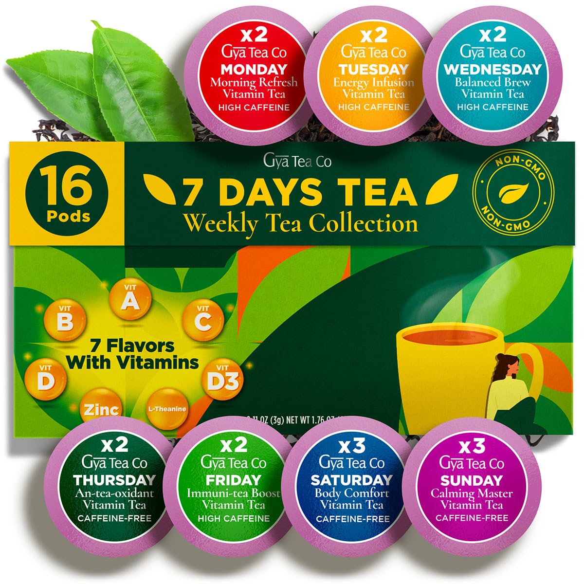 Gya Tea Co 7 Days Tea Pod Collection Gift Set - Assorted Flavors, 16 Count