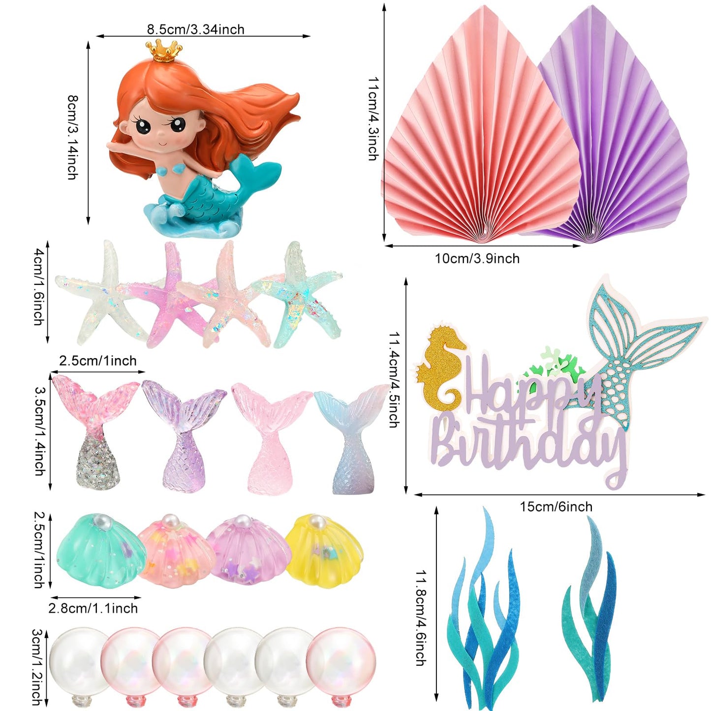 25 Pcs Mermaid Under The Sea Cake Toppers Kit With Little Resin 3D Mermaid Seaweed Palm Leaves Bubble Starfish Shell Mermaid Tai