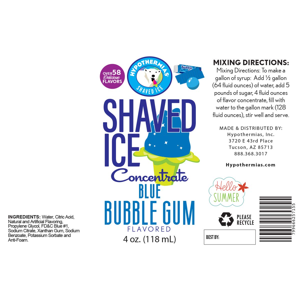 Hypothermias Shaved Ice And Snow Cone Syrup Unsweetened Flavor Concentrate - 4 Fl. Oz - Makes 1 Gallon Of Ready To Use Syrup - B